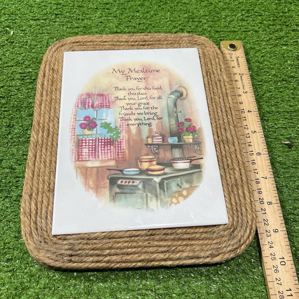 Vintage Mealtime Prayer Decor Tile Trivet Twine Saying Grace MCM 1970s Farmhouse